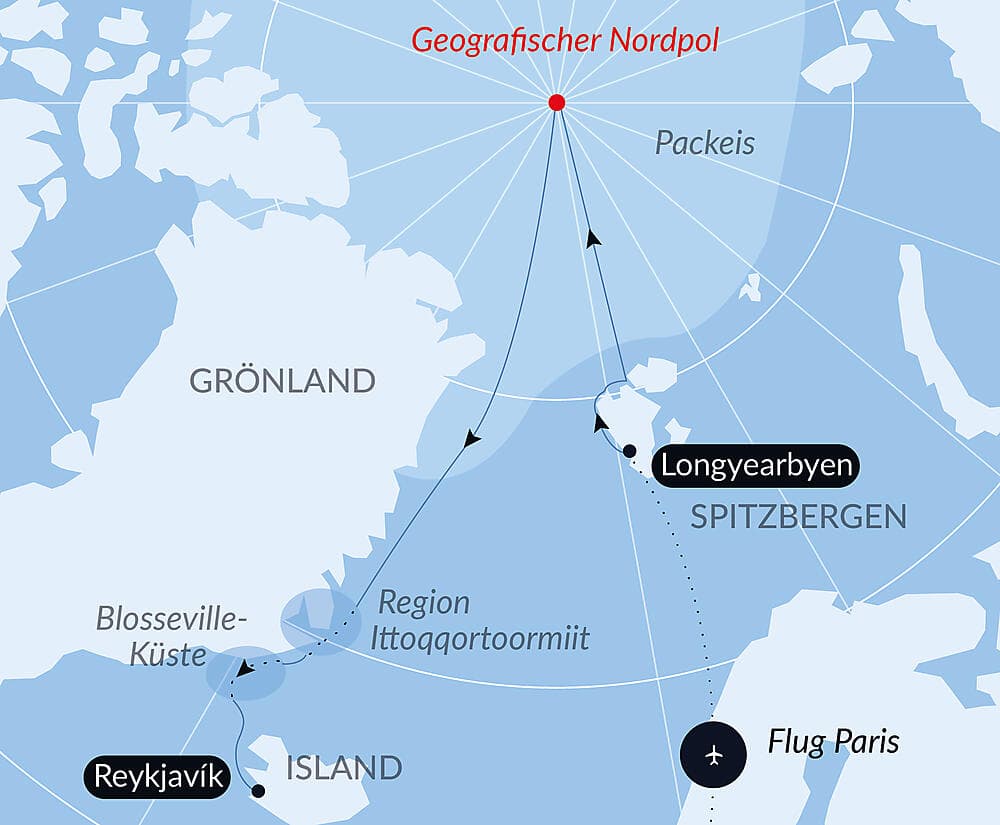 Der geografische Nordpol und die Ostküste Grönlands